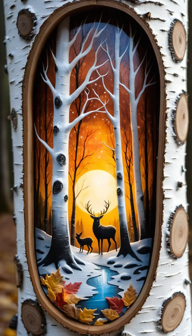 Airbrush Art on a Birch Trunk Depicts a Miniature Snowy Forest