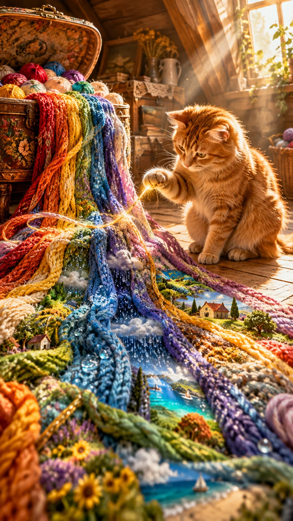 Eine neugierige orangefarbene Katze sitzt vor einem riesigen gestrickten Regenbogen