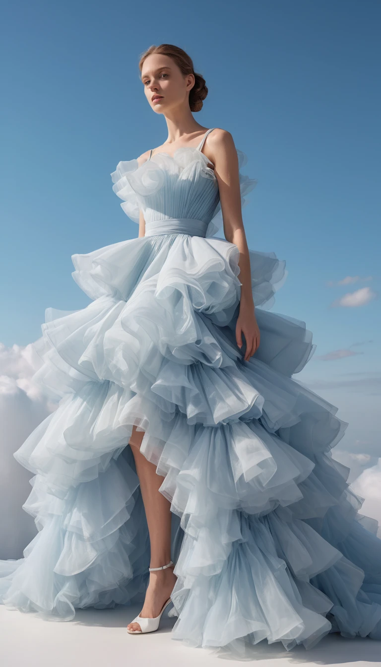 A Model in a Sculptural Tulle Gown Beneath a Deep Blue Sky