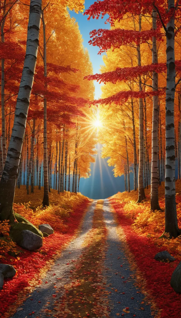 Golden autumn trees frame a leaf covered forest path