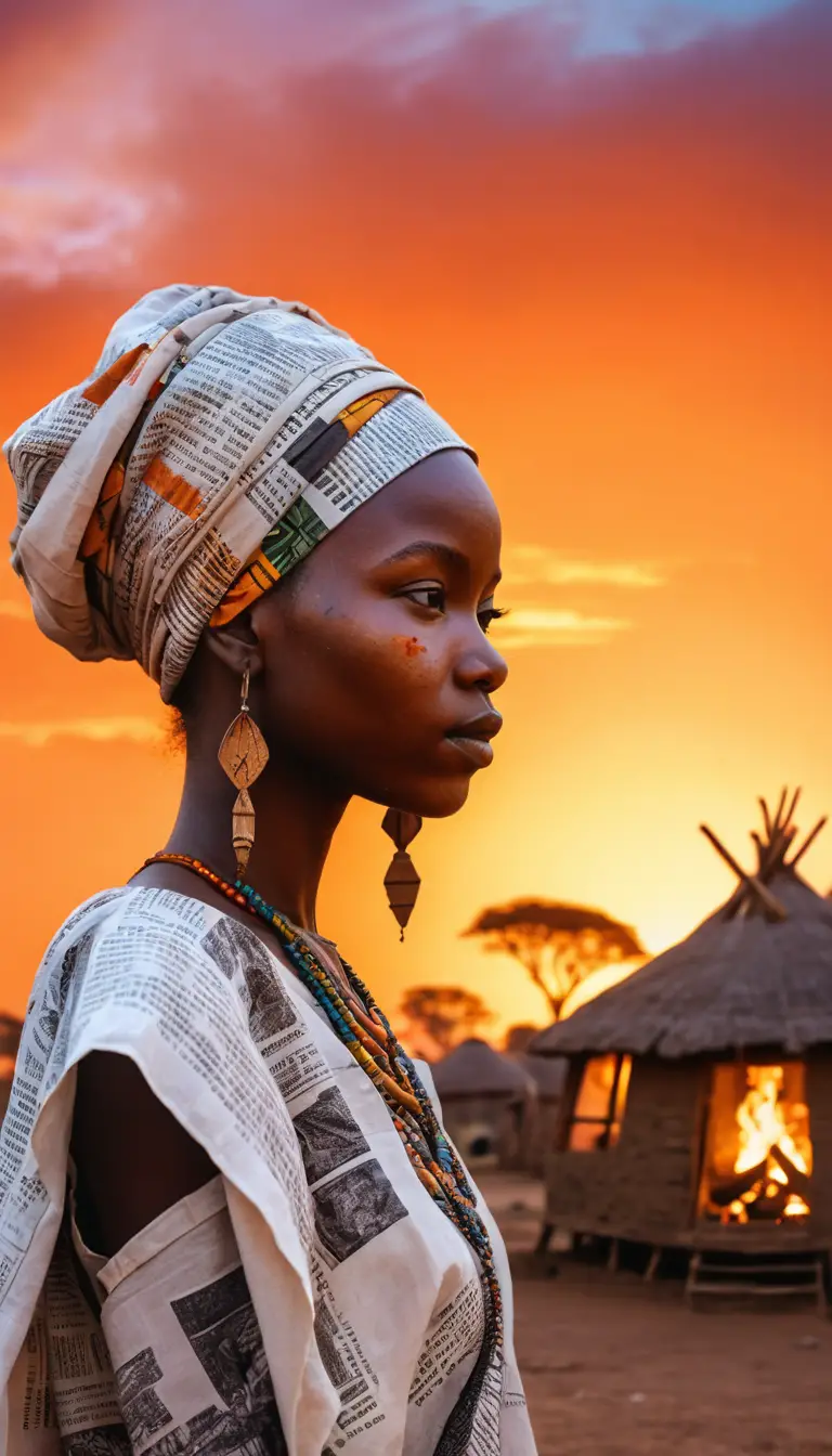 An African girl's face blends with a campfire dance in double exposure