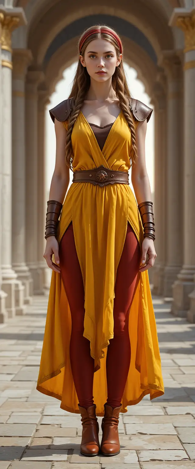 A warrior goddess stands in a white and gold divine city