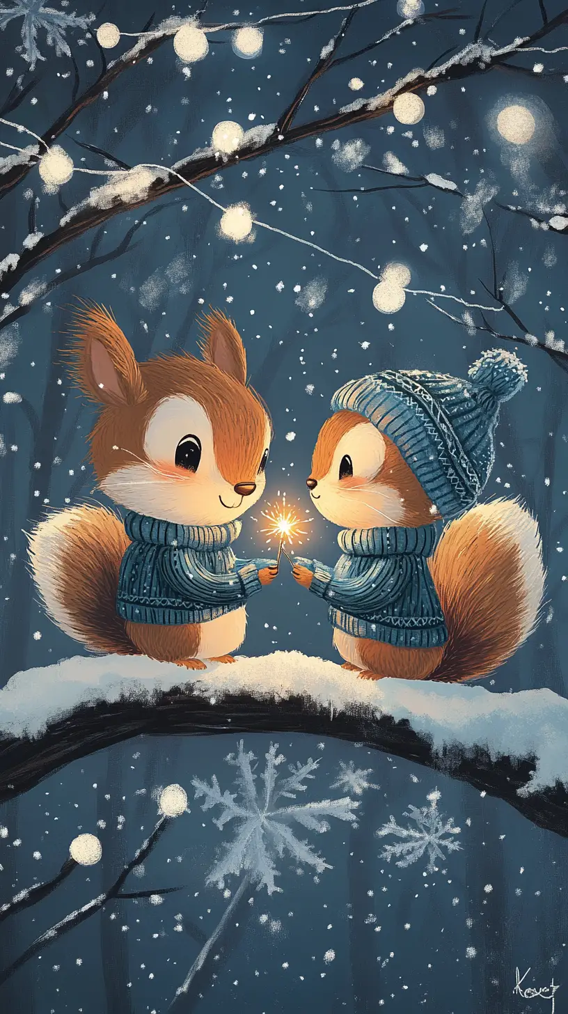 Two squirrels share a winter kiss on a snowy forest branch