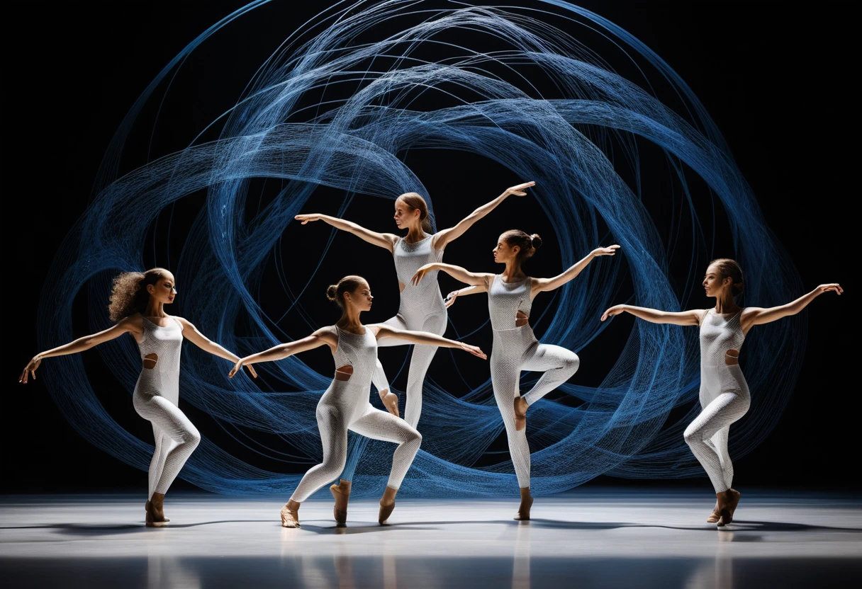 Five female dancers perform dynamic choreography amid flowing digital motion