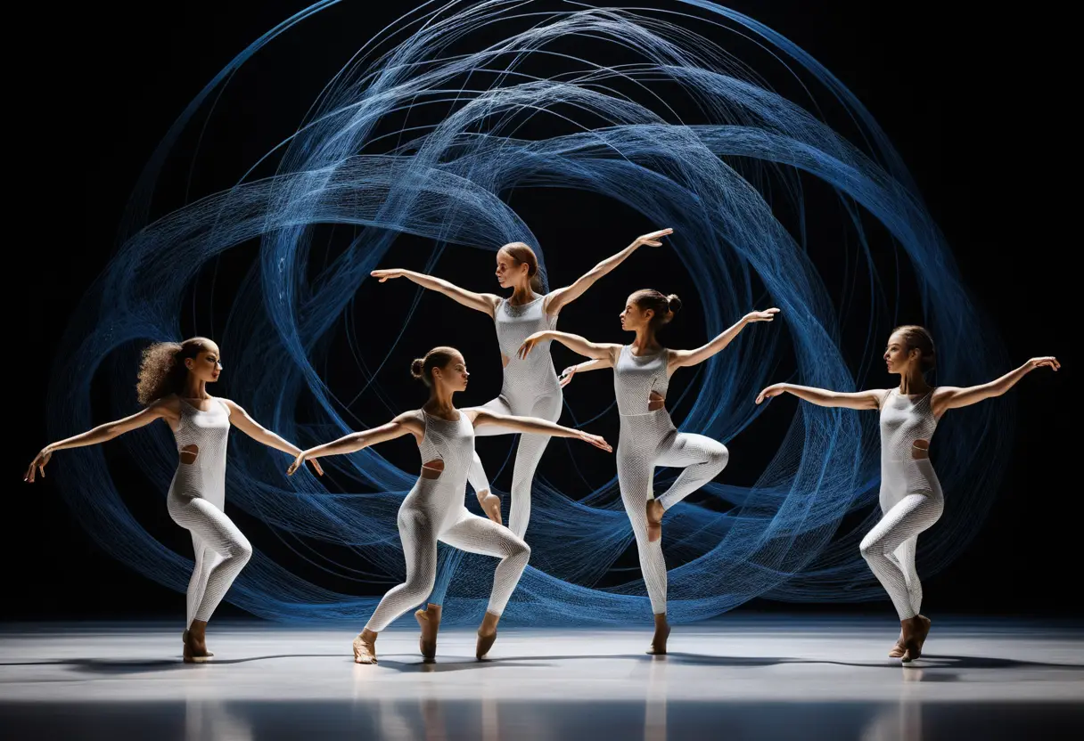 Five female dancers perform dynamic choreography amid flowing digital motion