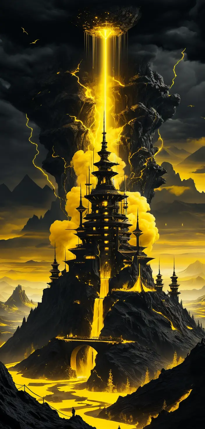 A mountain fortress tower rises above clouds beneath hovering warships