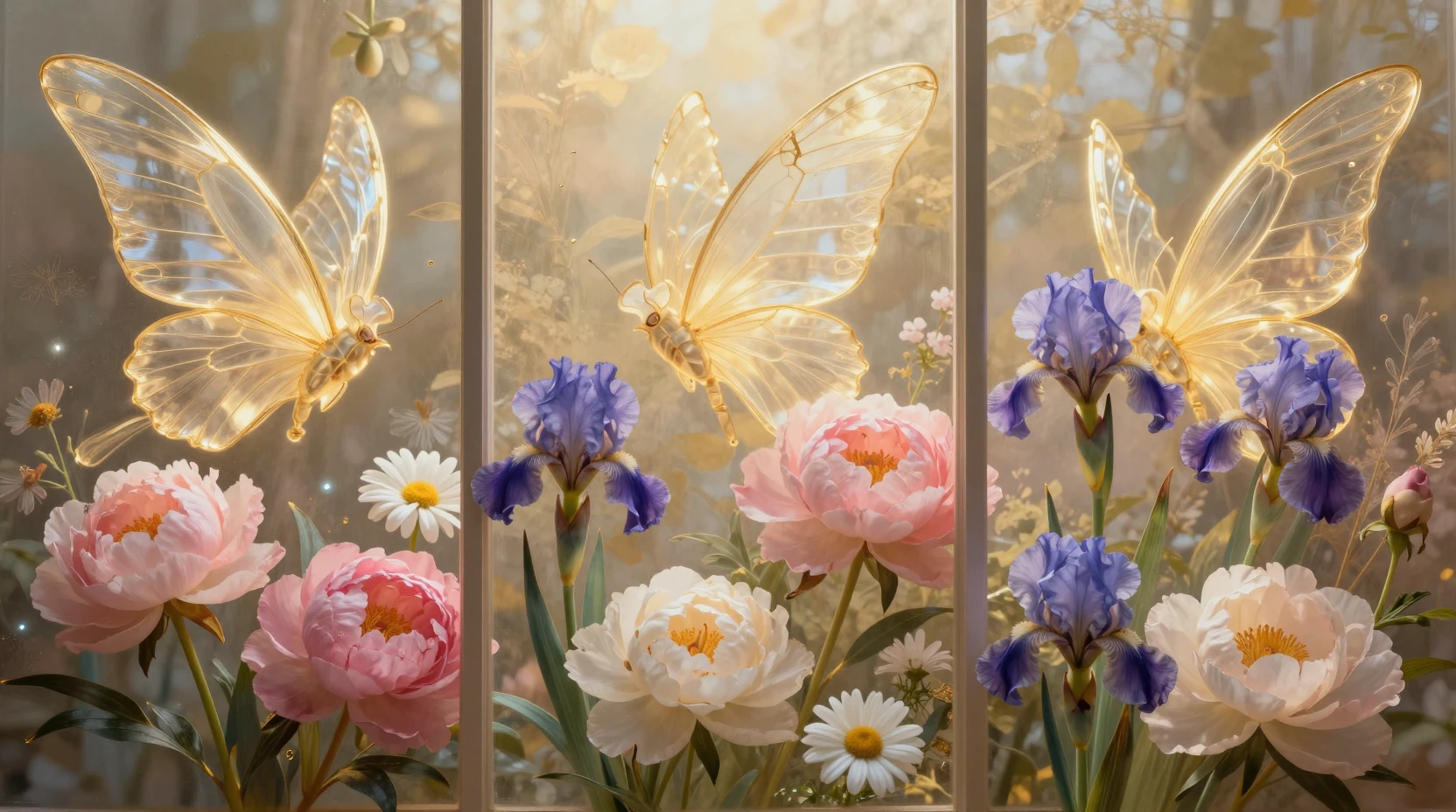 A triptych of ethereal flowers glowing with soft golden light
