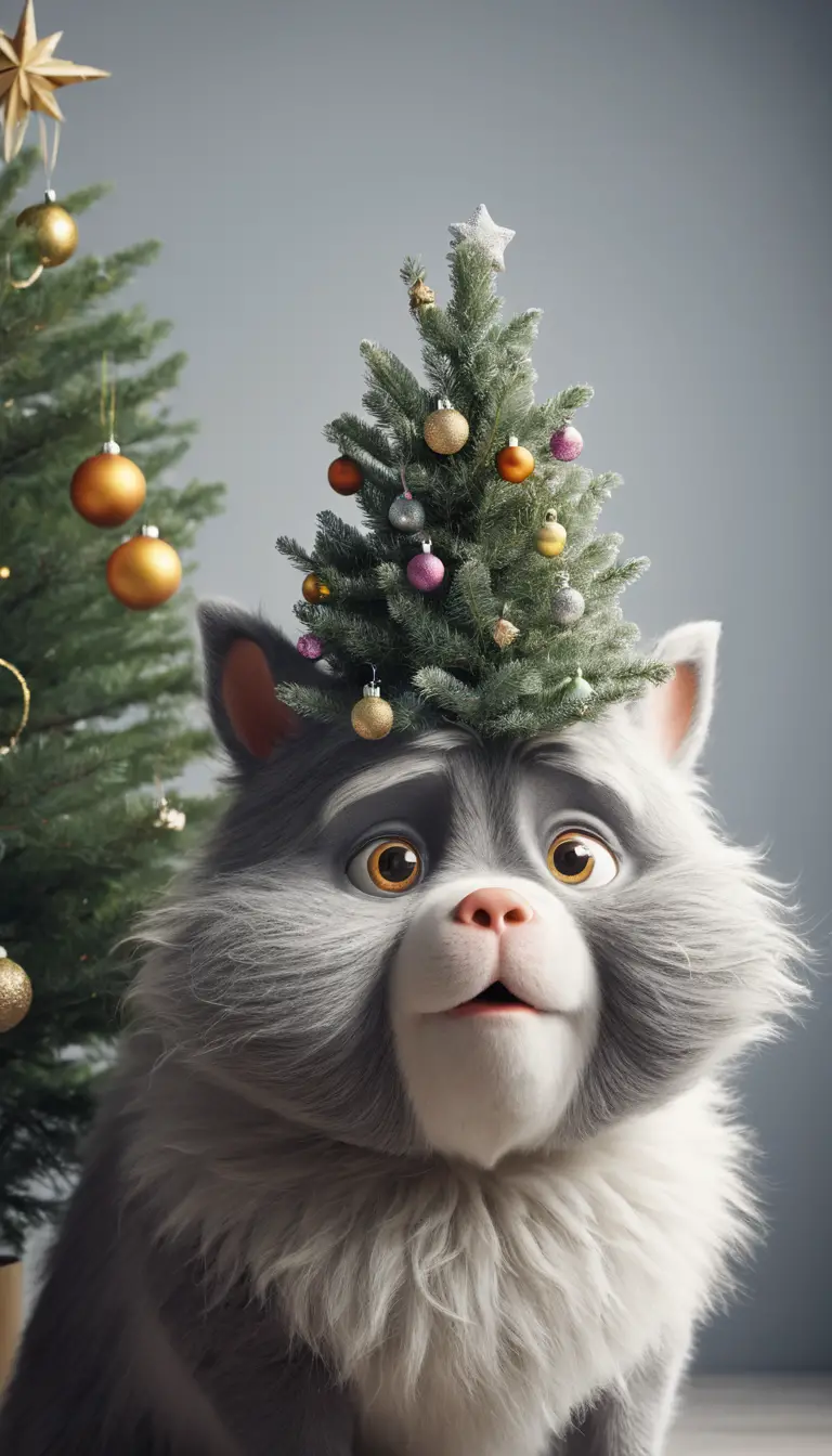 A fluffy cartoon character peeks from behind a small Christmas tree