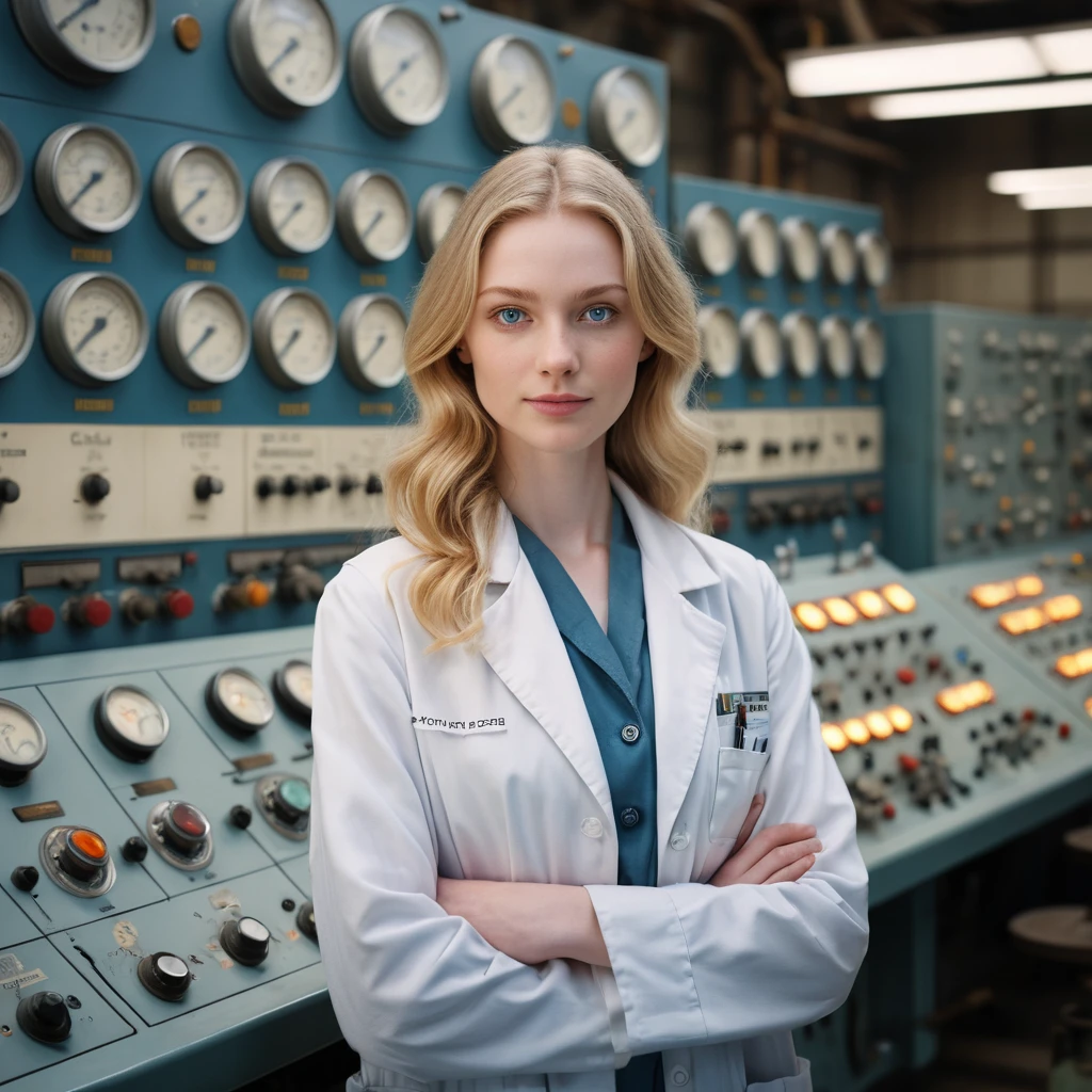 Young woman in a white lab coat studies a power plant console