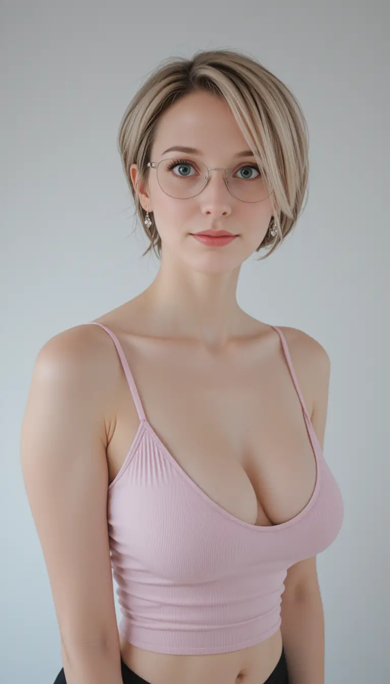 A young woman smiles in profile against a white background