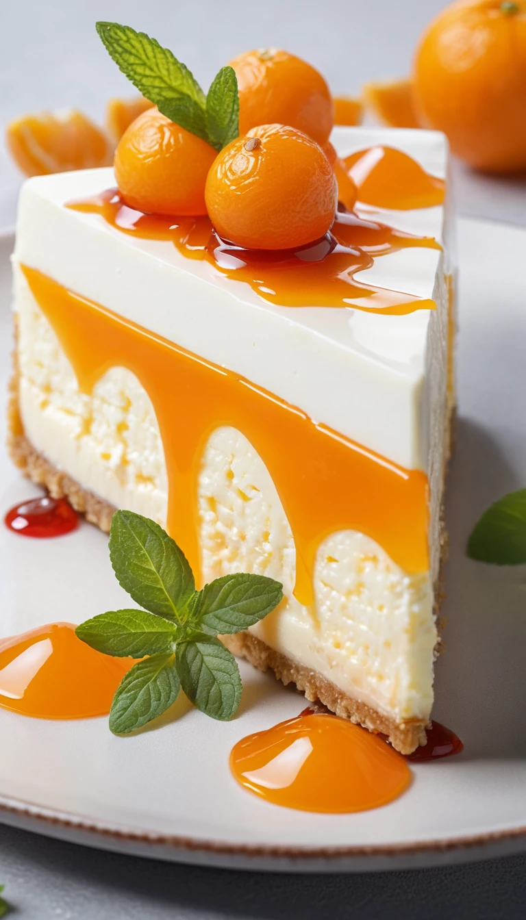 Part de cheesecake triangulaire au fromage frais, sauce à la mandarine, gelée et menthe