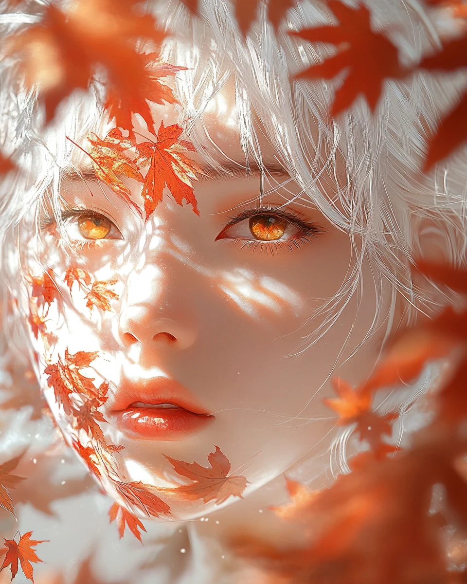 Das Gesicht einer Anime-Frau verschmilzt in einer Nahaufnahme mit leuchtendem Herbstlaub