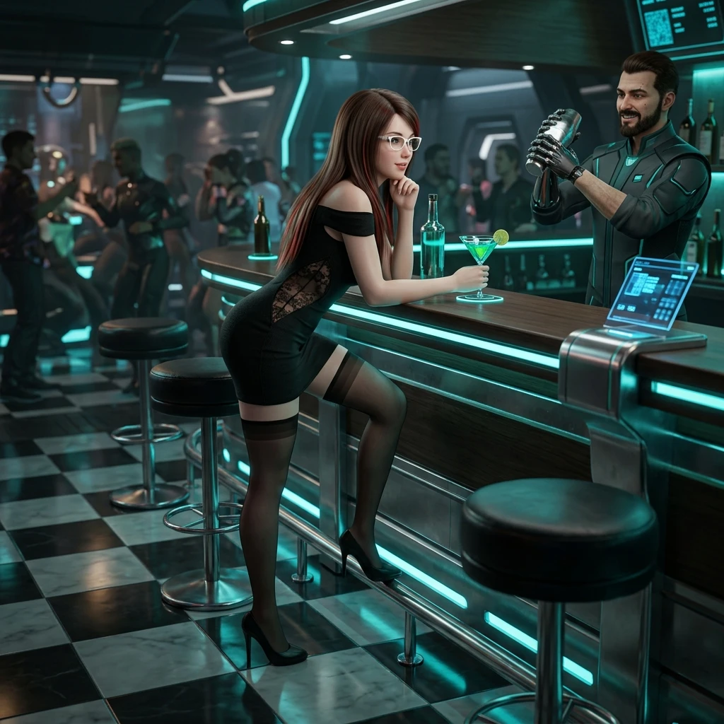 A woman leans against a futuristic bar in a sleek cocktail dress