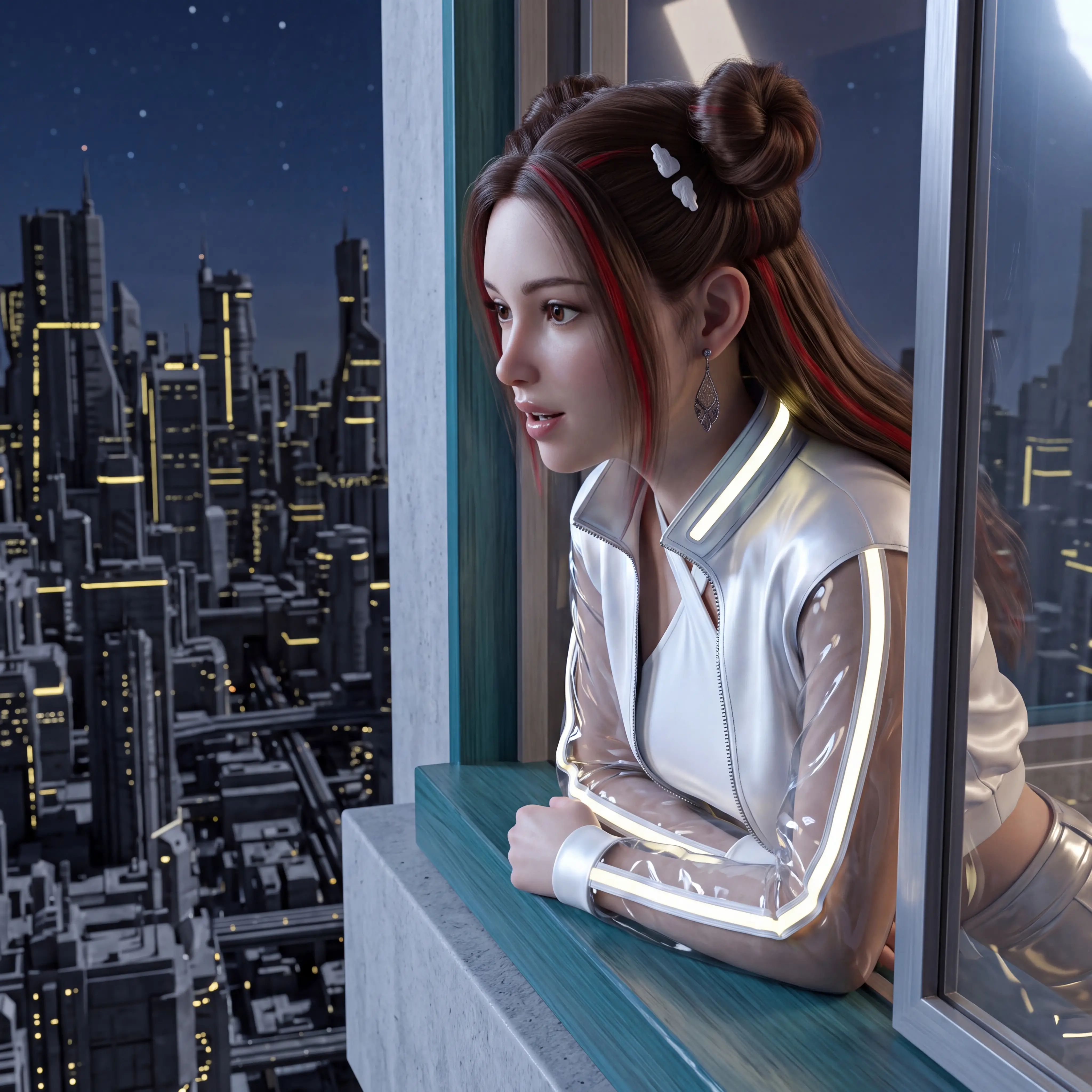 A Young Woman Gazes Over a Futuristic City from Her Window