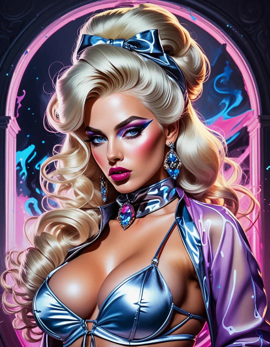 A platinum blonde model poses in strappy baroque pinup couture