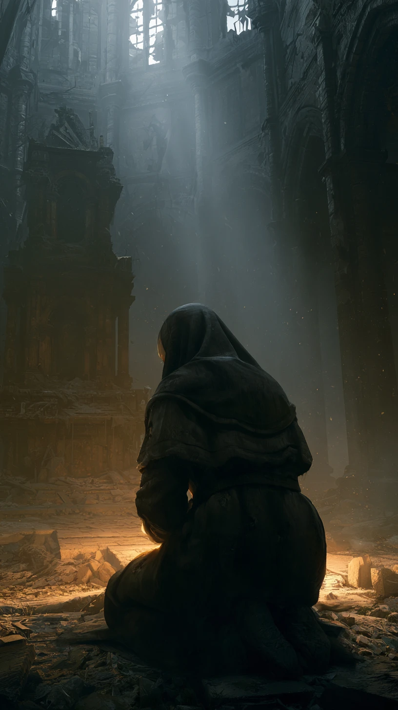 Eine kampfgezeichnete Nonne kniet vor einem zertrümmerten Altar in den Ruinen einer Kathedrale
