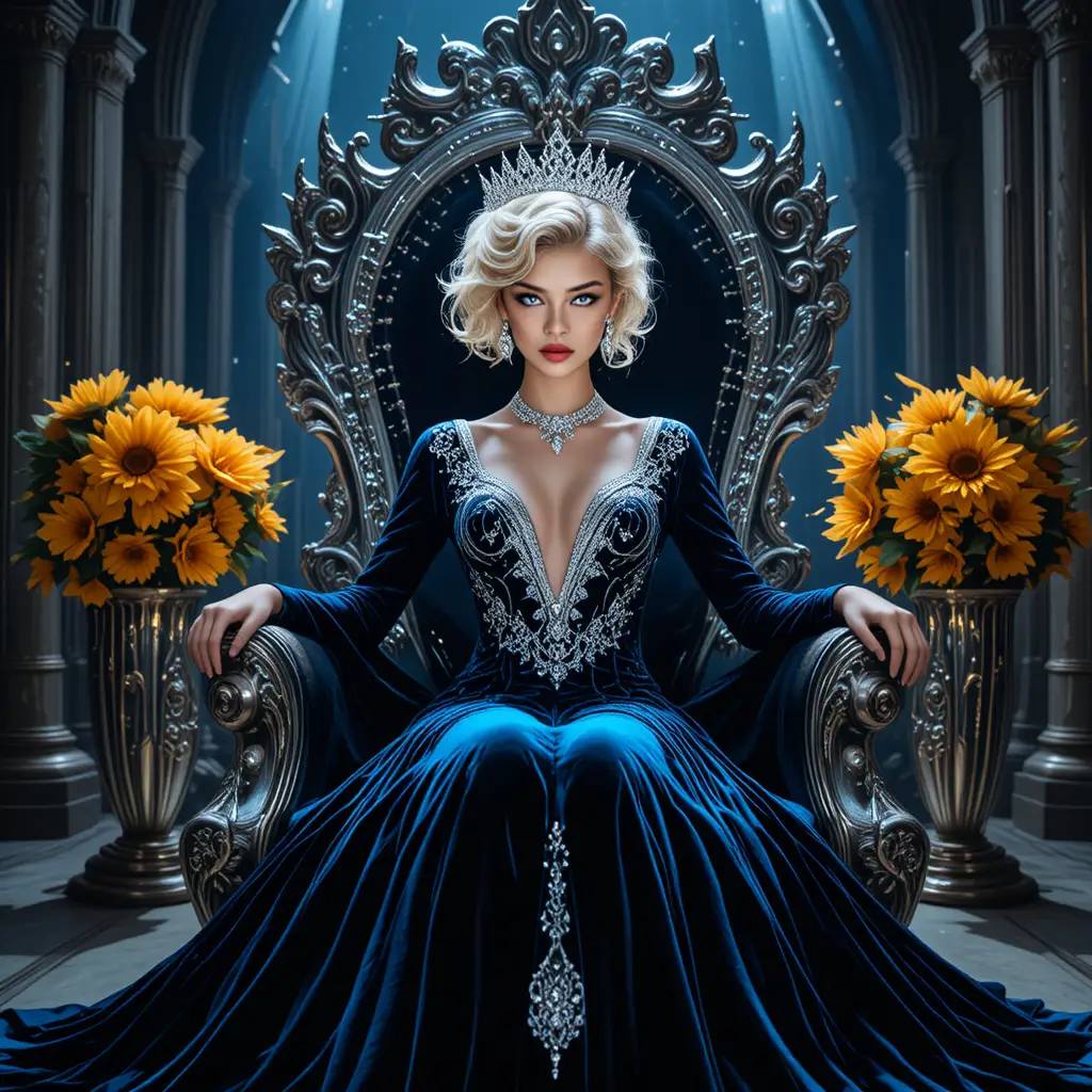A crowned woman sits upon a jeweled throne in a Gothic hall