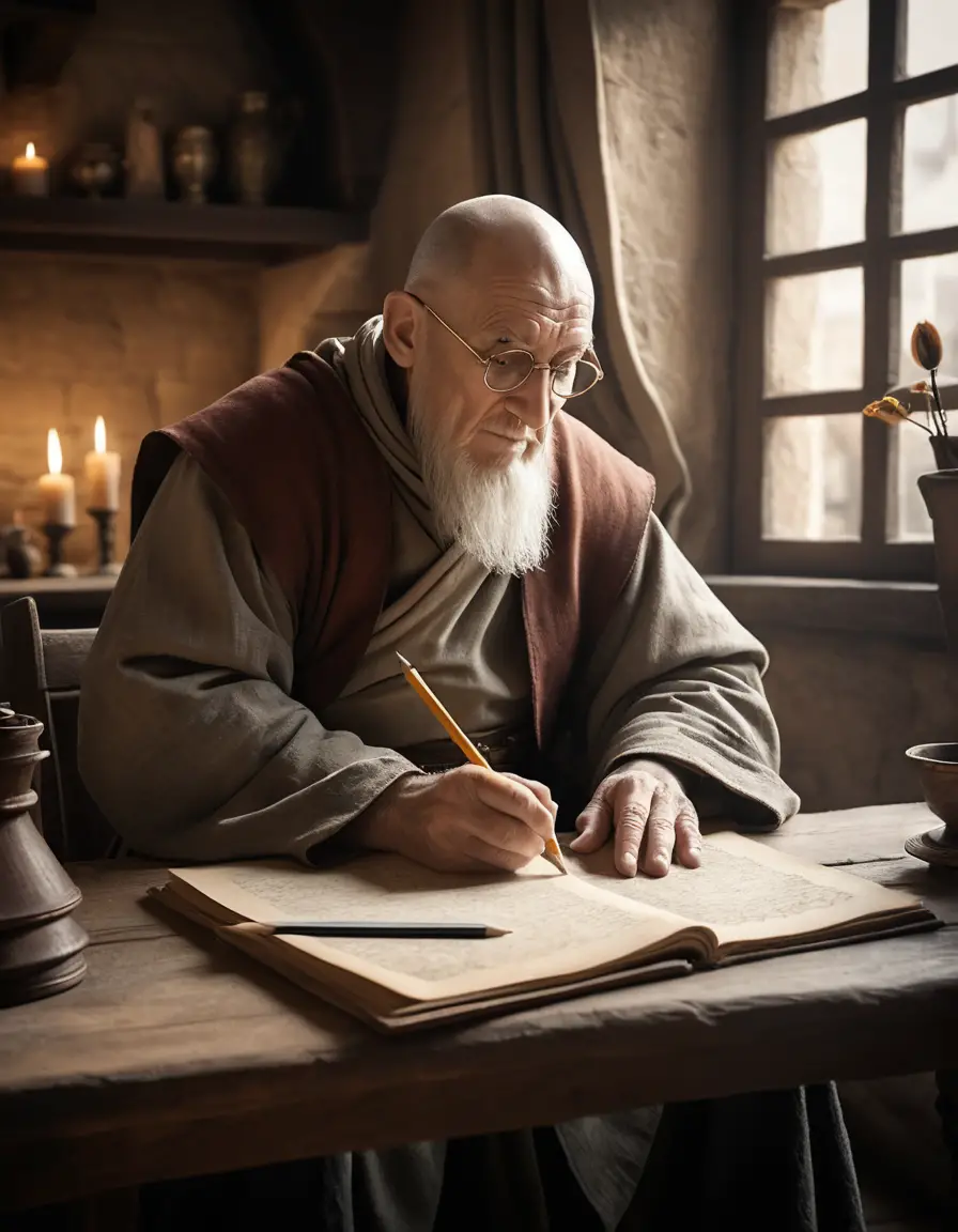 An elderly monk writes at a table in a medieval room