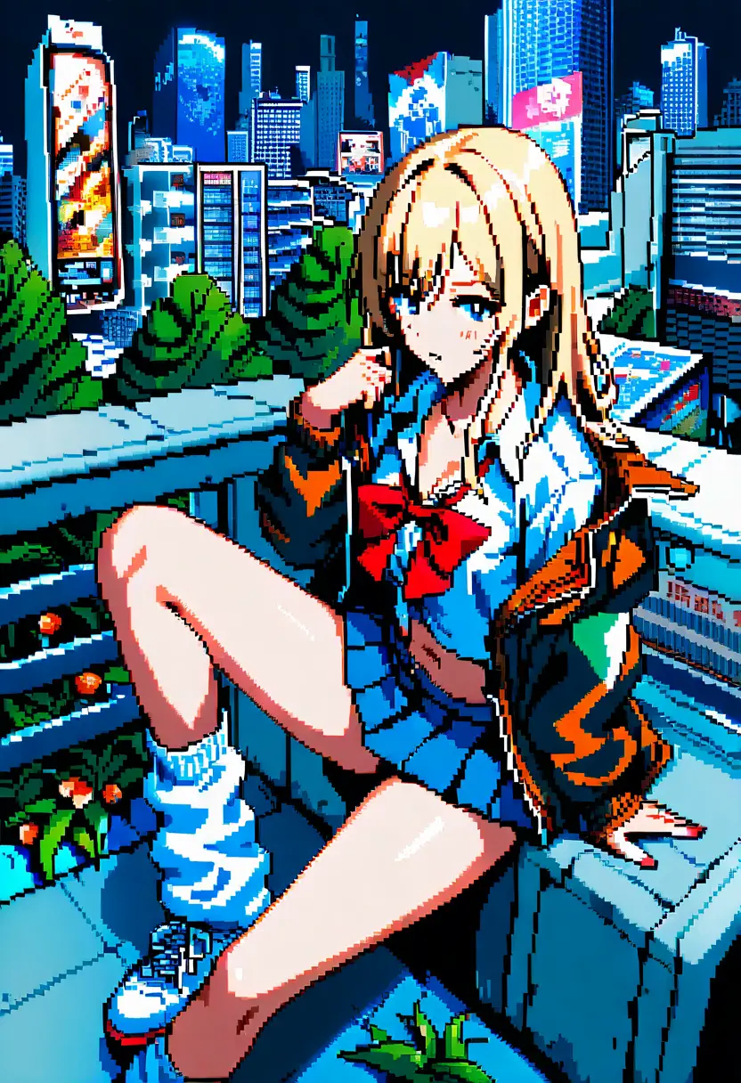 A Pixel art anime girl appears on a glowing card amid overgrown concrete
