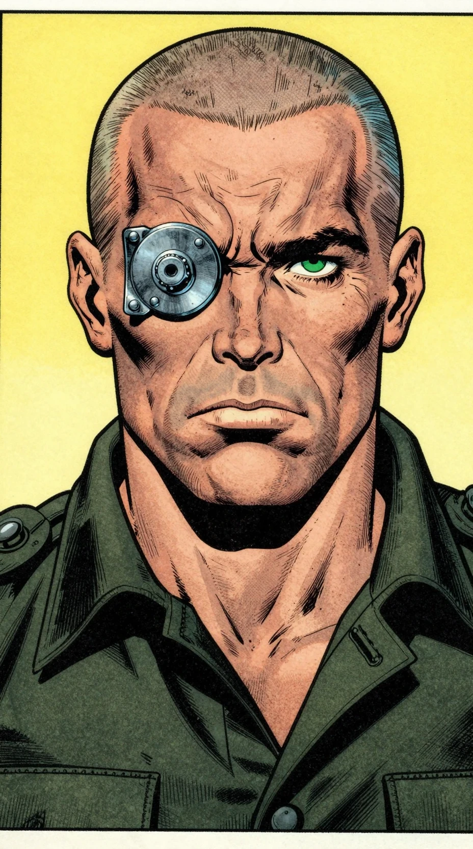 A stern man with a bolted metal plate over one eye