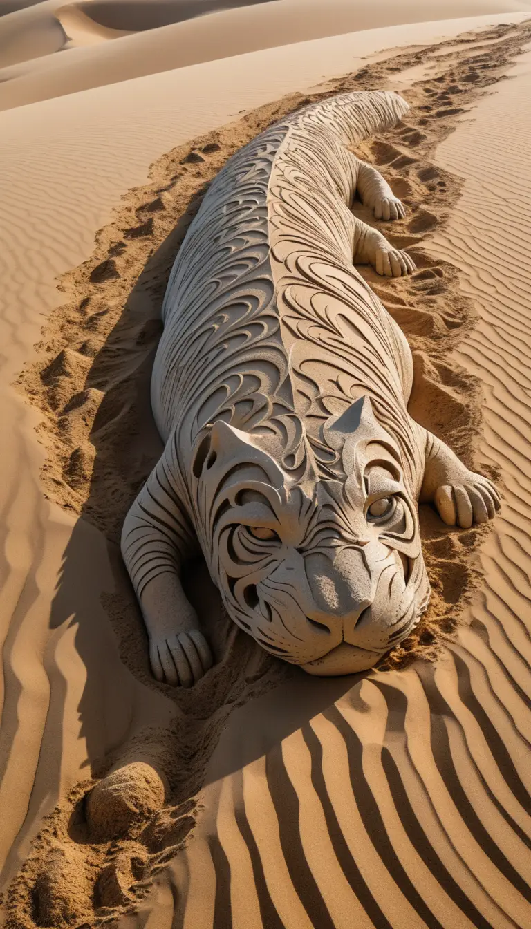 A reclining tiger silhouette emerges from a desert sand dune