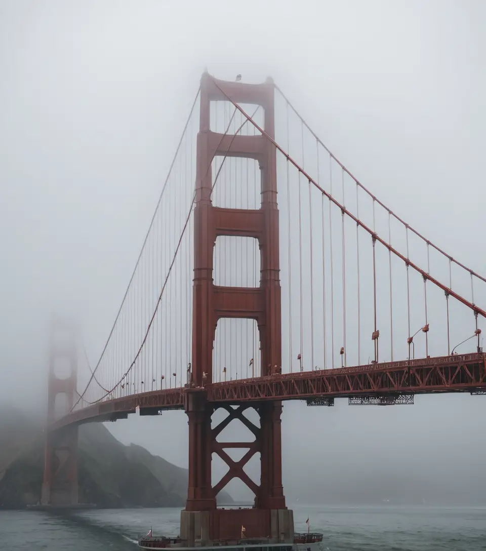 The Golden Gate Bridge Emerges Through Fog Above Rain-Swept Water