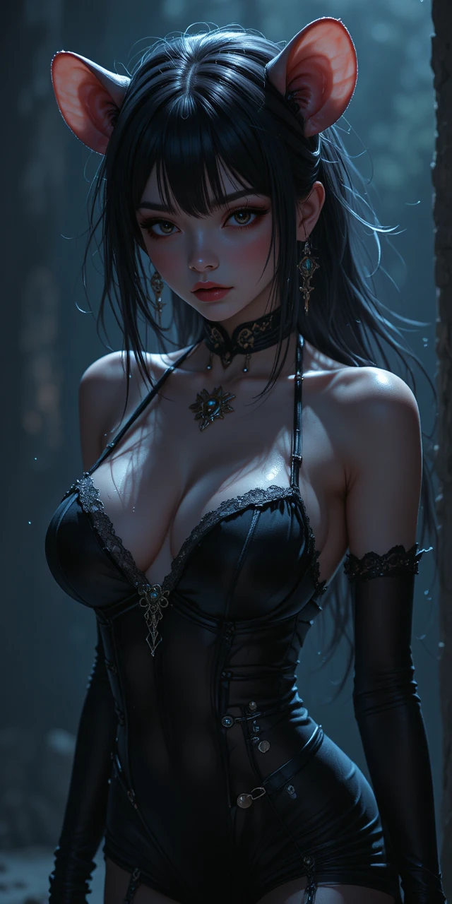 애니메이션 쥐 소녀 예언자가 짙은 그림자 속에서 입술을 삐죽 내밀고 포즈를 취한다