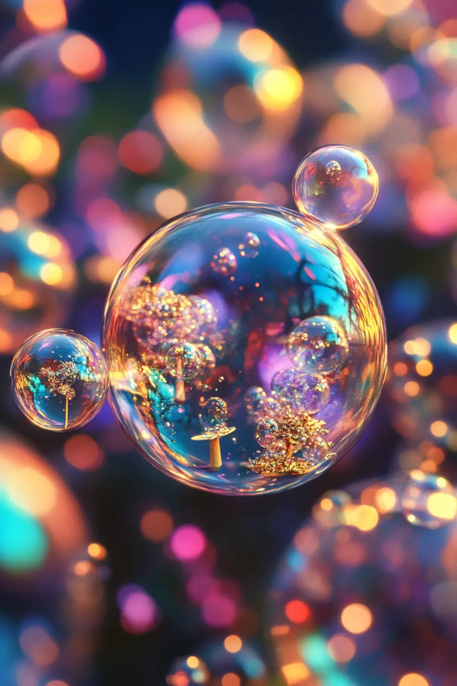 Iridescent soap bubbles hold tiny worlds in a whimsical dreamscape