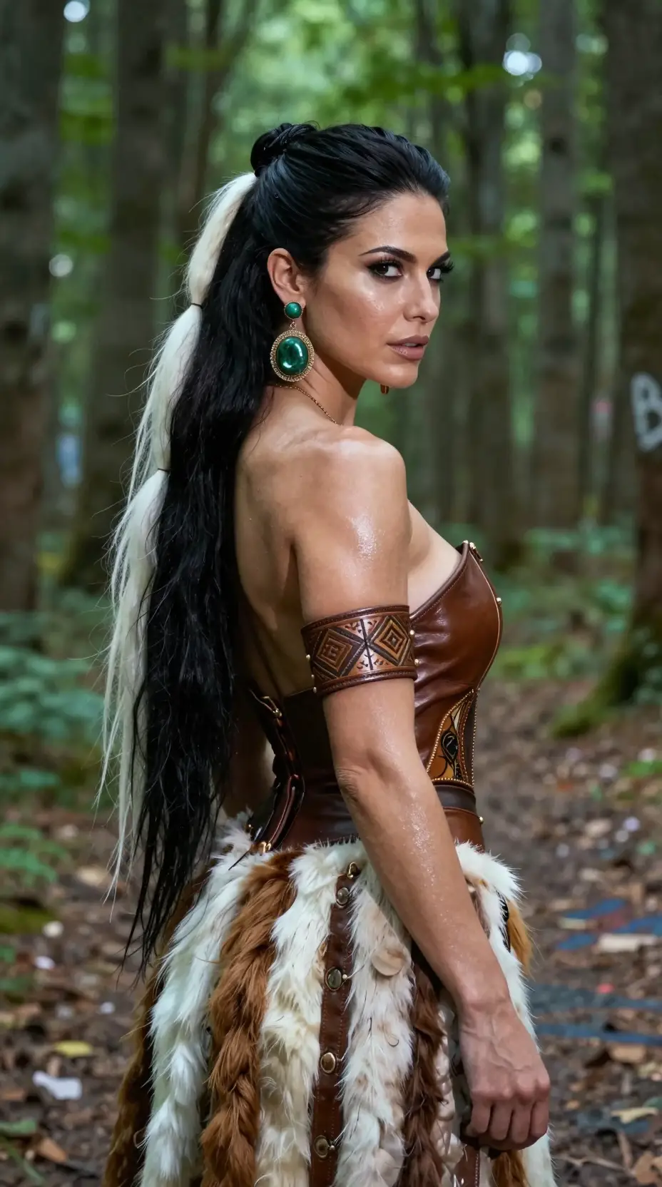 A smiling woman looks back over her shoulder in a forest