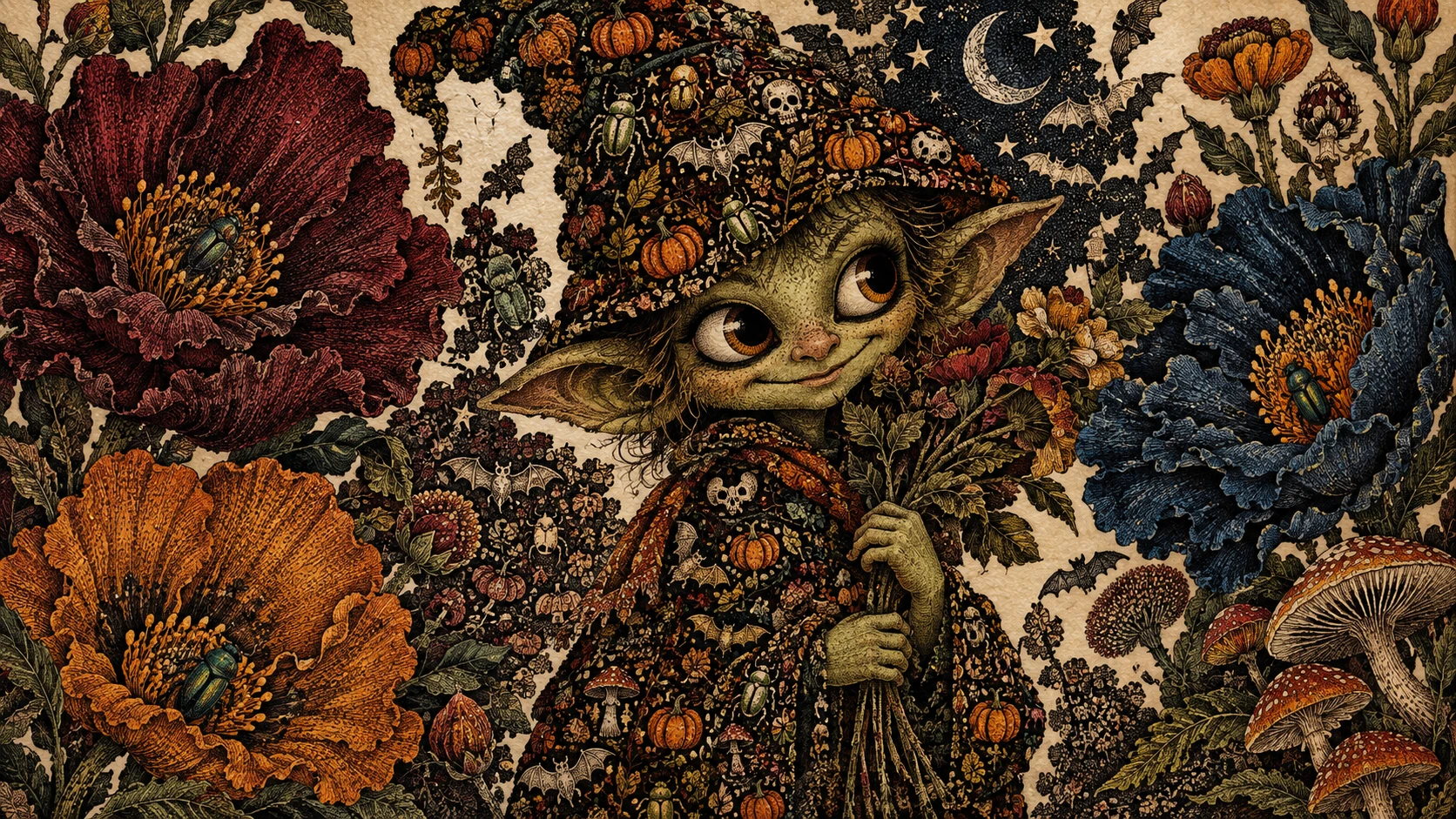 Un florista goblin rodeado de enormes flores fantásticas
