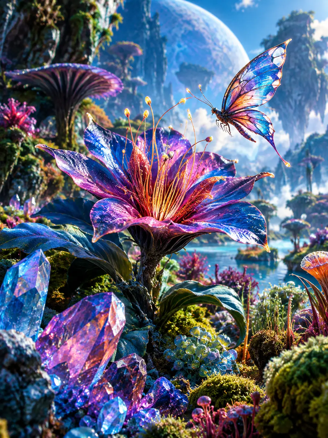 A close-up alien flower among crystalline rocks and planetary plants