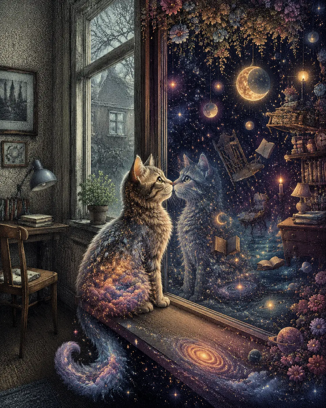 A Cat Sits Between Real and Dreamlike Versions of One Room