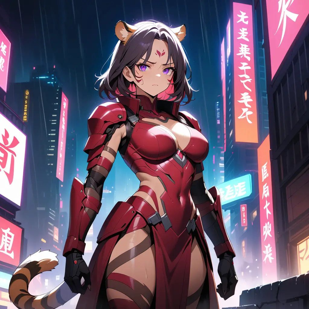 Tiger woman warrior stands above a rain-soaked cyberpunk city at midnight