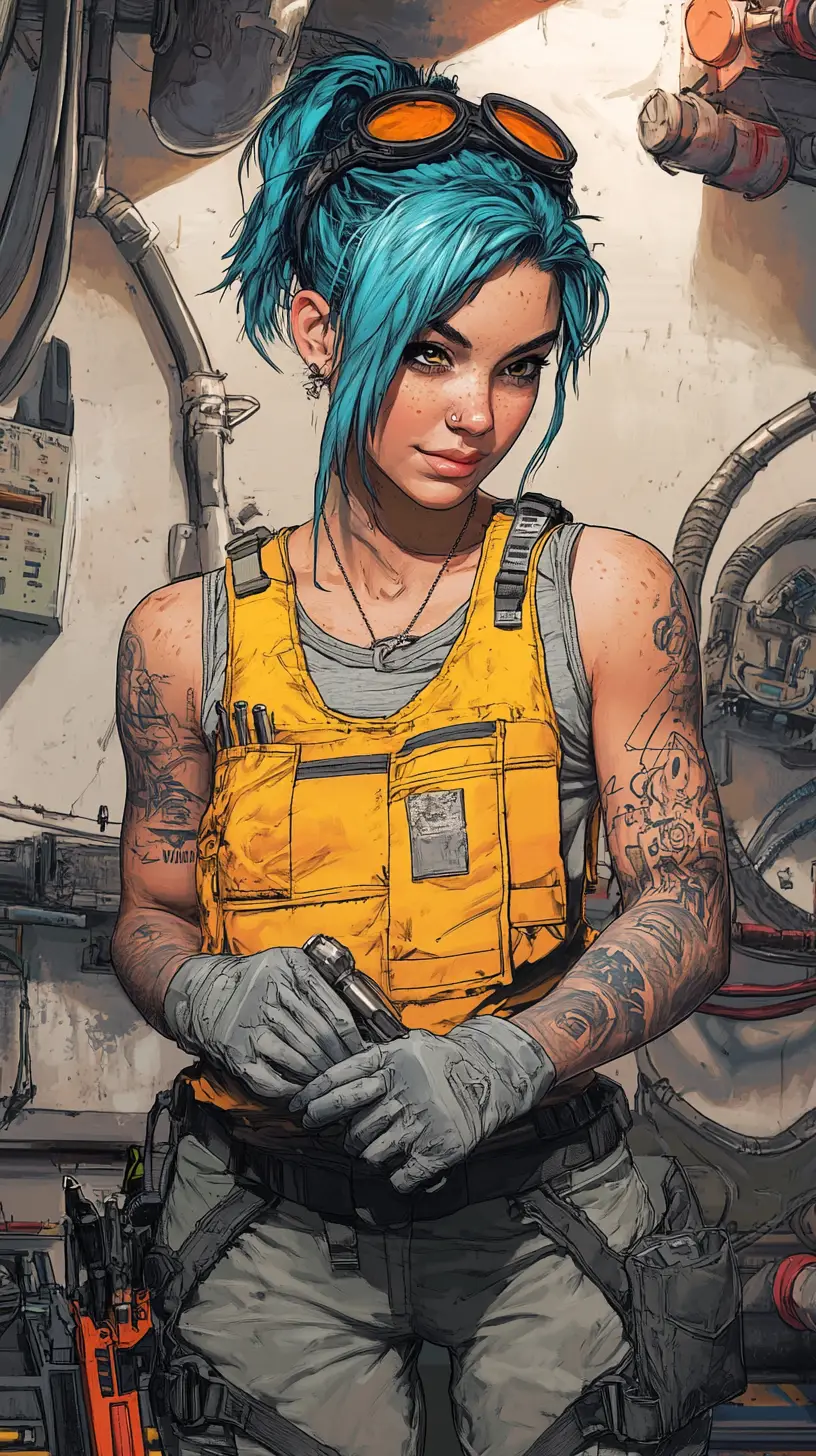Blue-haired woman carefully works with tools in an industrial workshop