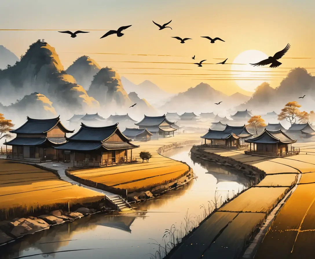 A Chinese ink painting of a village and birds at sunset
