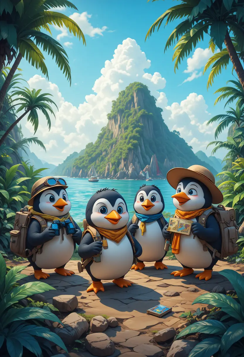 Four penguin explorers reach a mysterious tropical island with maps