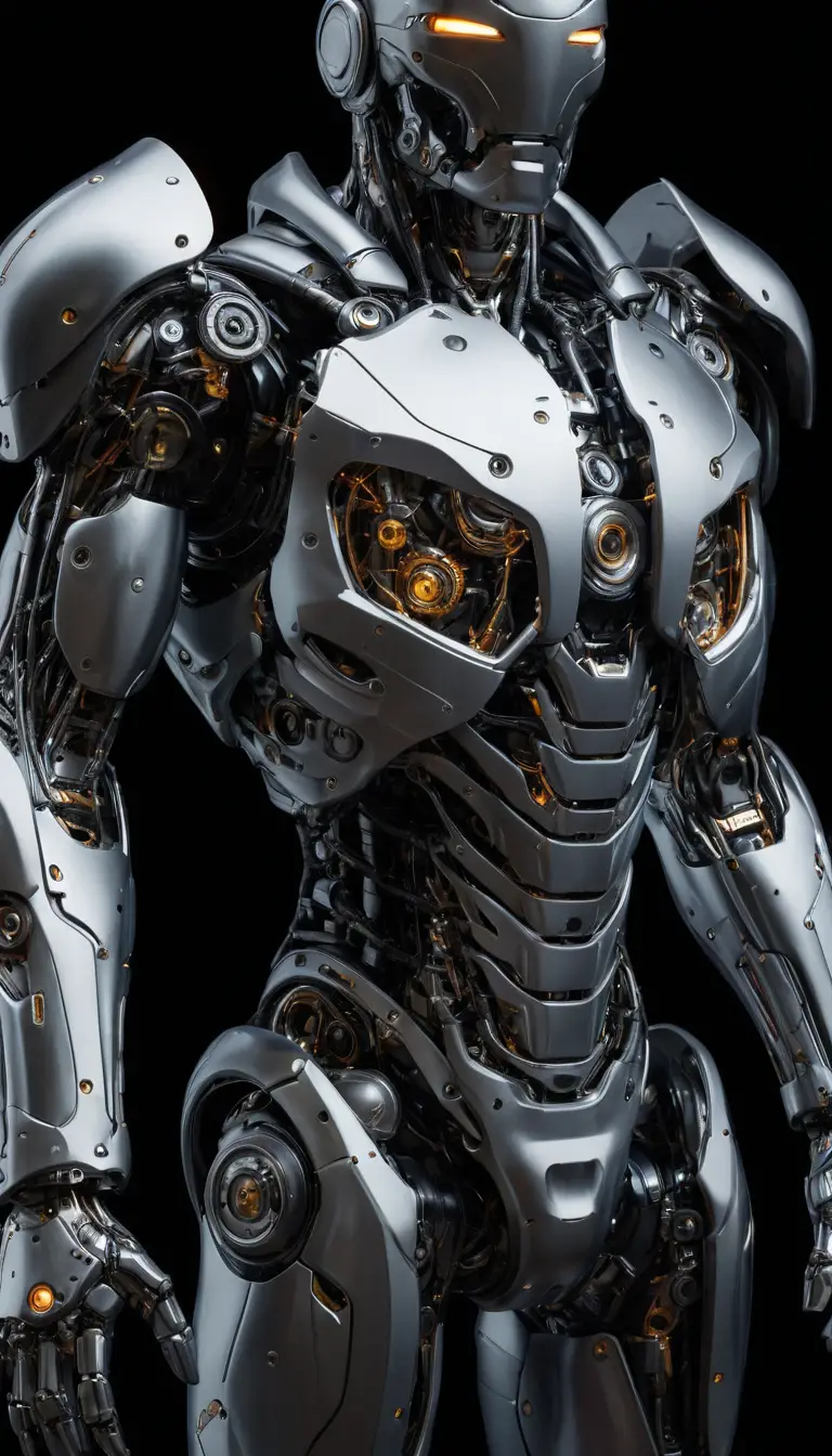 A humanoid cyborg’s chrome and carbon fiber mechanical anatomy