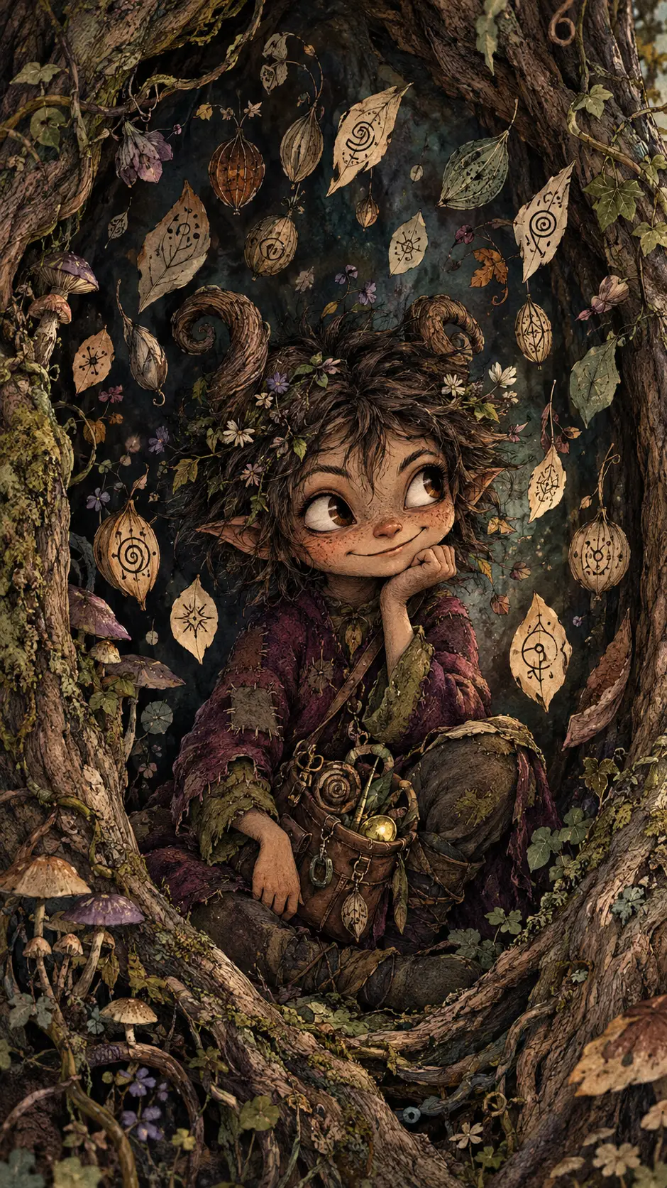 A Mischievous Forest Imp Surrounded by Floating Botanical Symbols
