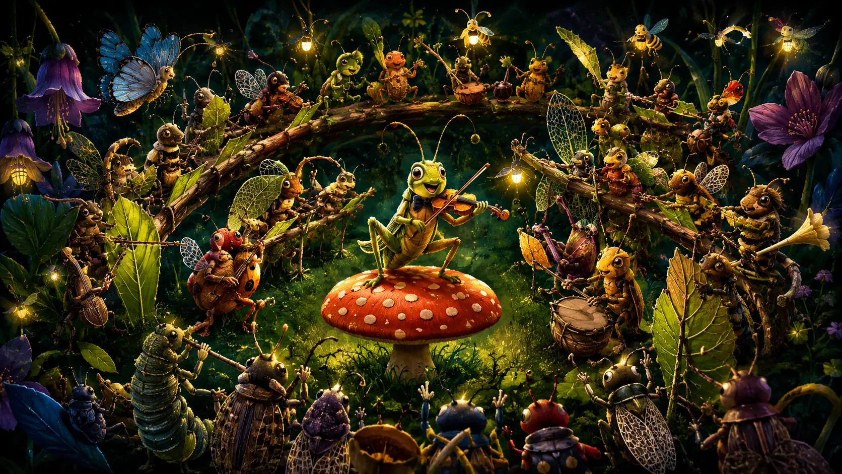 A bow-tied grasshopper plays violin on a mushroom stage