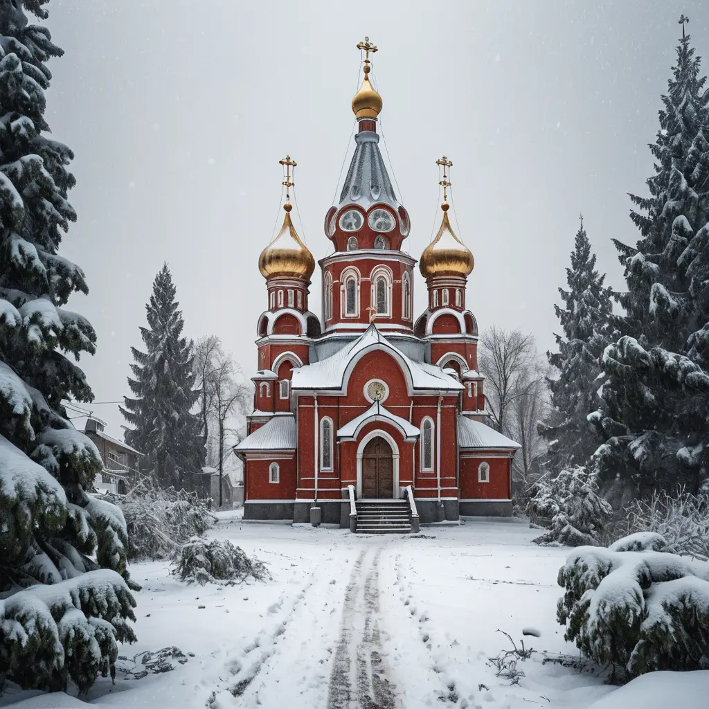 A Russian Orthodox Church Stands Beneath Falling Snow in a Winter Village