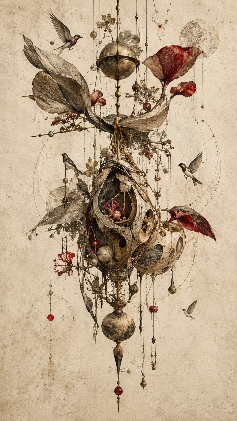 A surreal mechanical structure suspended in an empty archival space