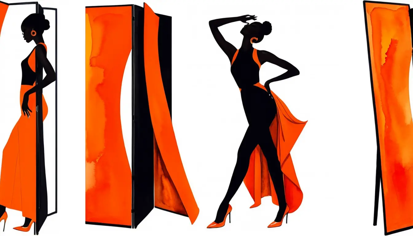 Fashion illustration of a woman stepping from behind an orange screen
