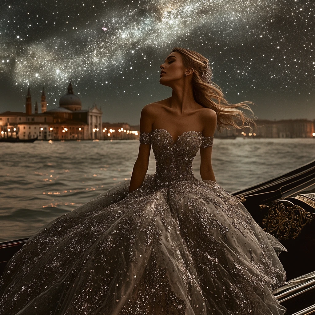 Una mujer con un vestido plateado bordado se sienta en una góndola veneciana bajo las estrellas