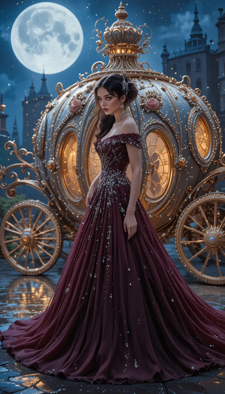 A glamorous young woman in a jeweled burgundy ball gown before a silver carriage