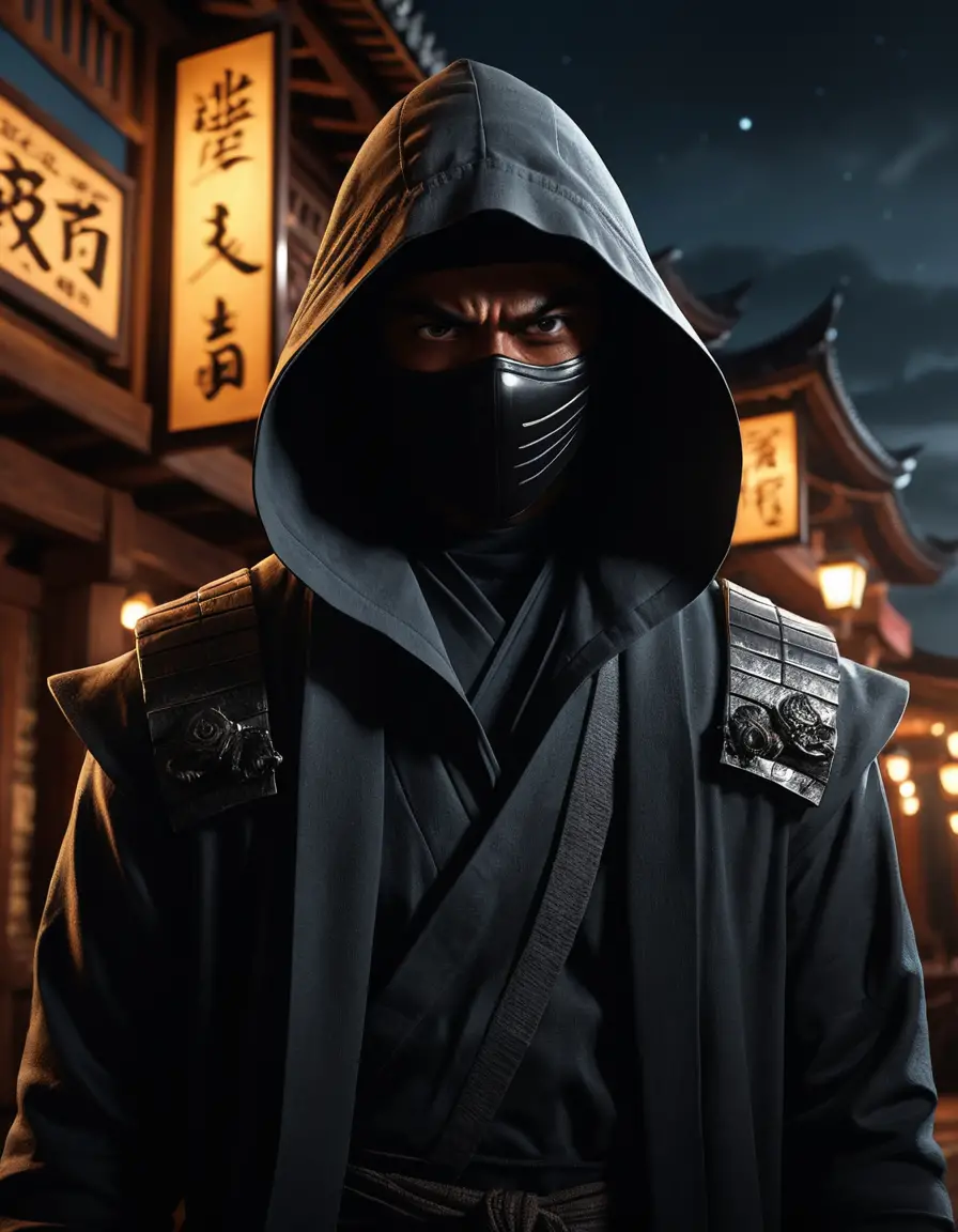 A hooded ninja stands beneath moonlight in a pagoda courtyard