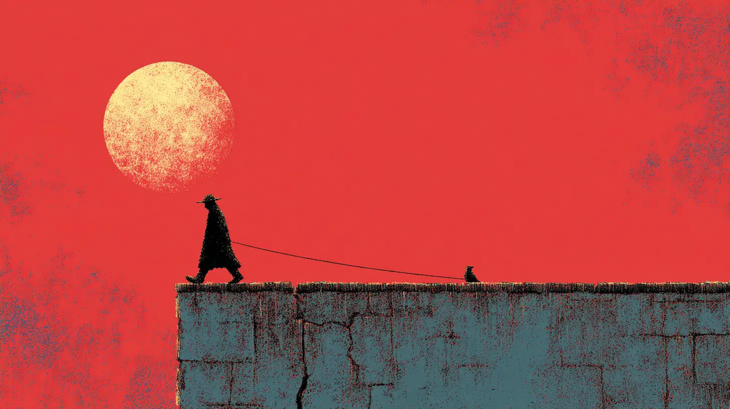 The moon walks across a rooftop, pulling a heart behind him