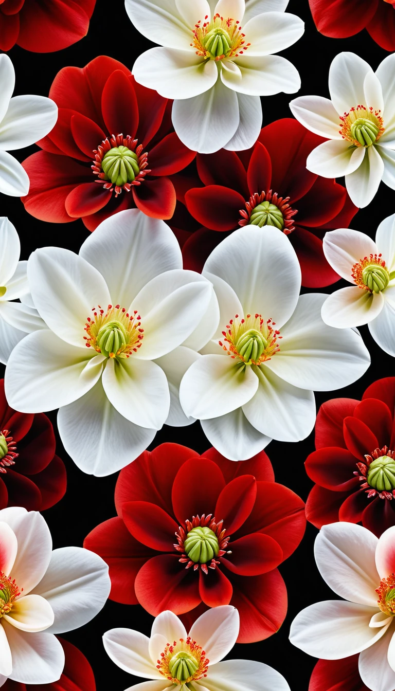 A scarlet and cream double flower with bold black petal markings