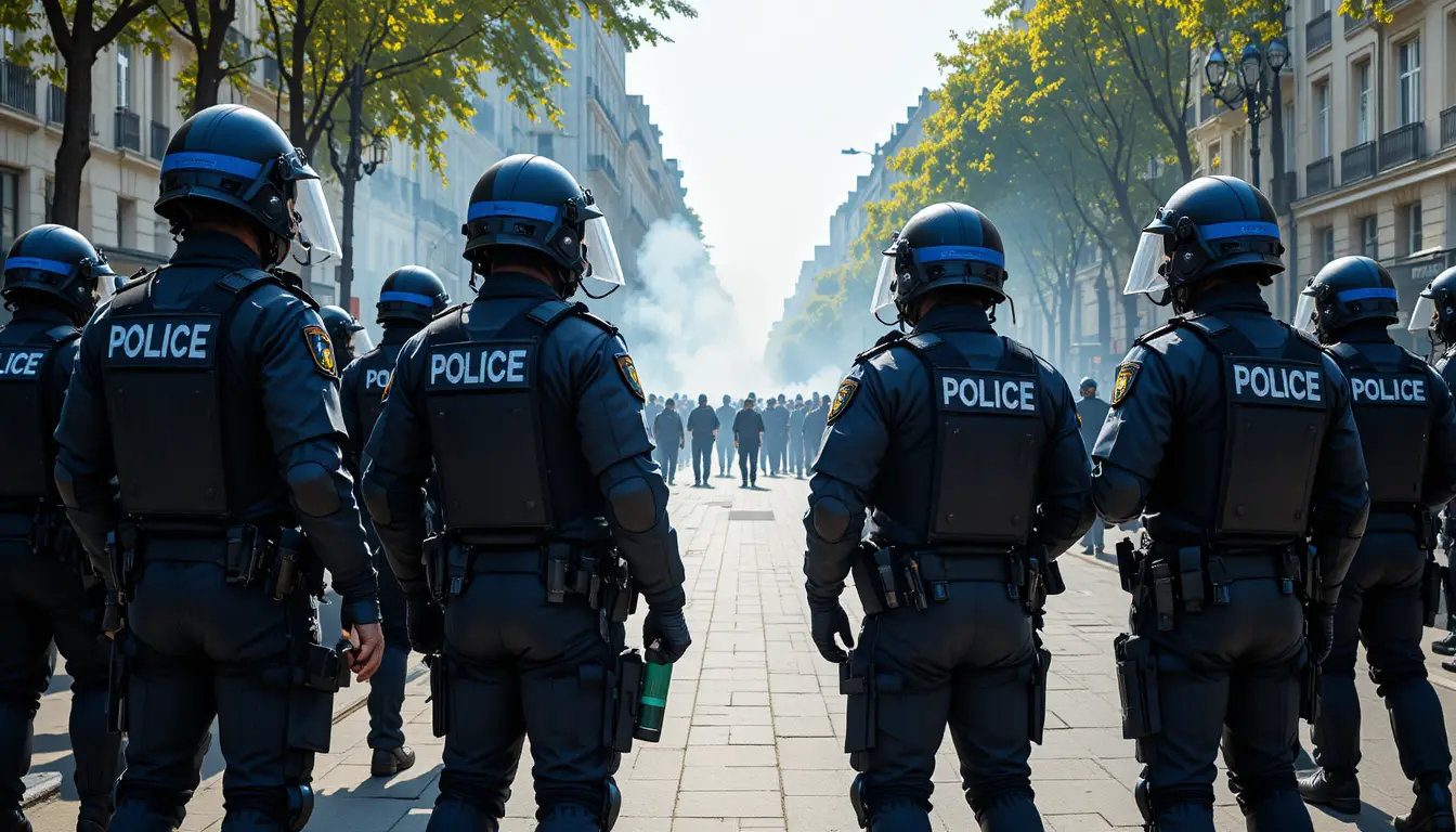 French riot police stand along an urban sidewalk amid civil unrest