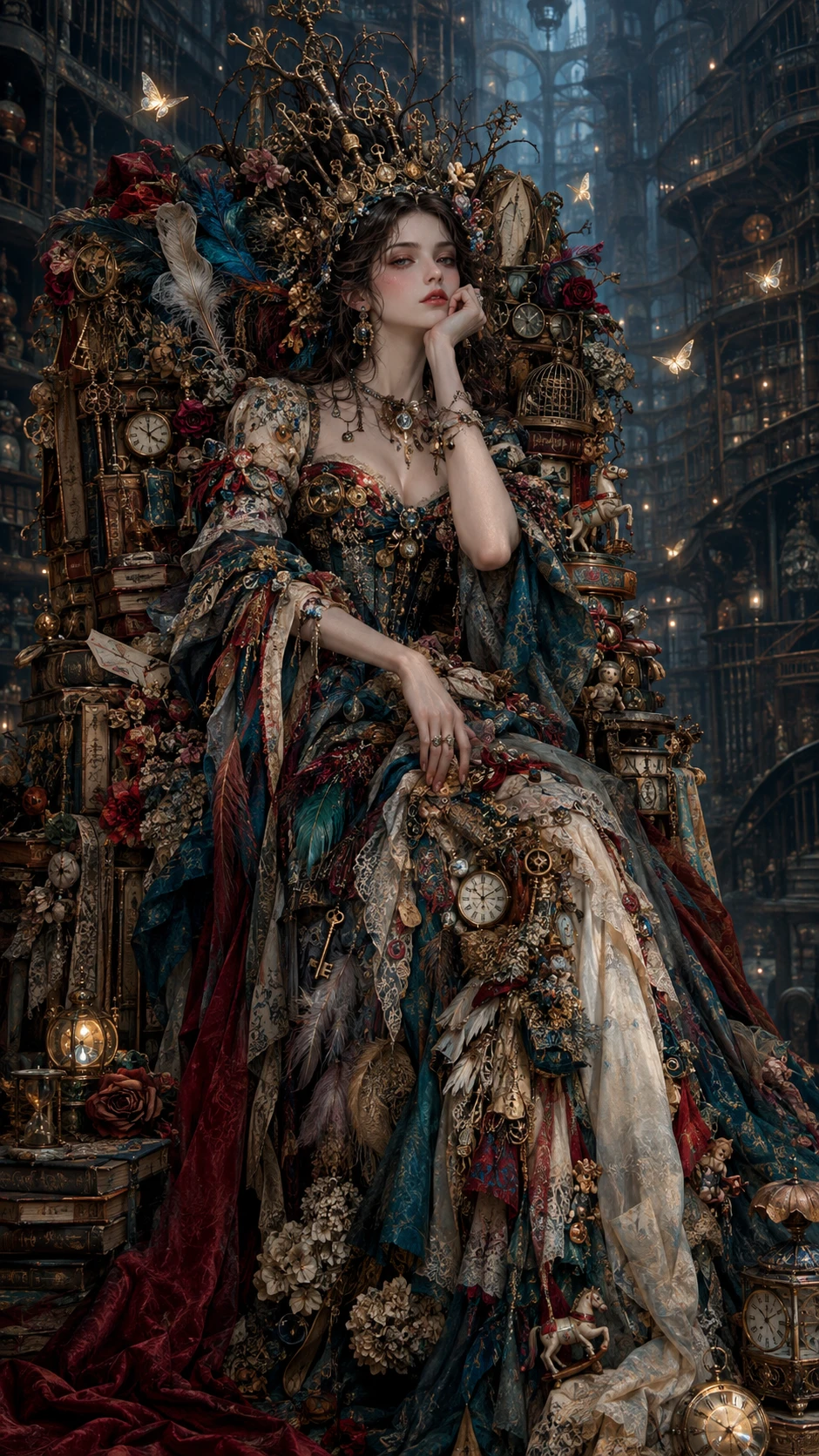 A woman sits upon a throne of forgotten objects in an archive