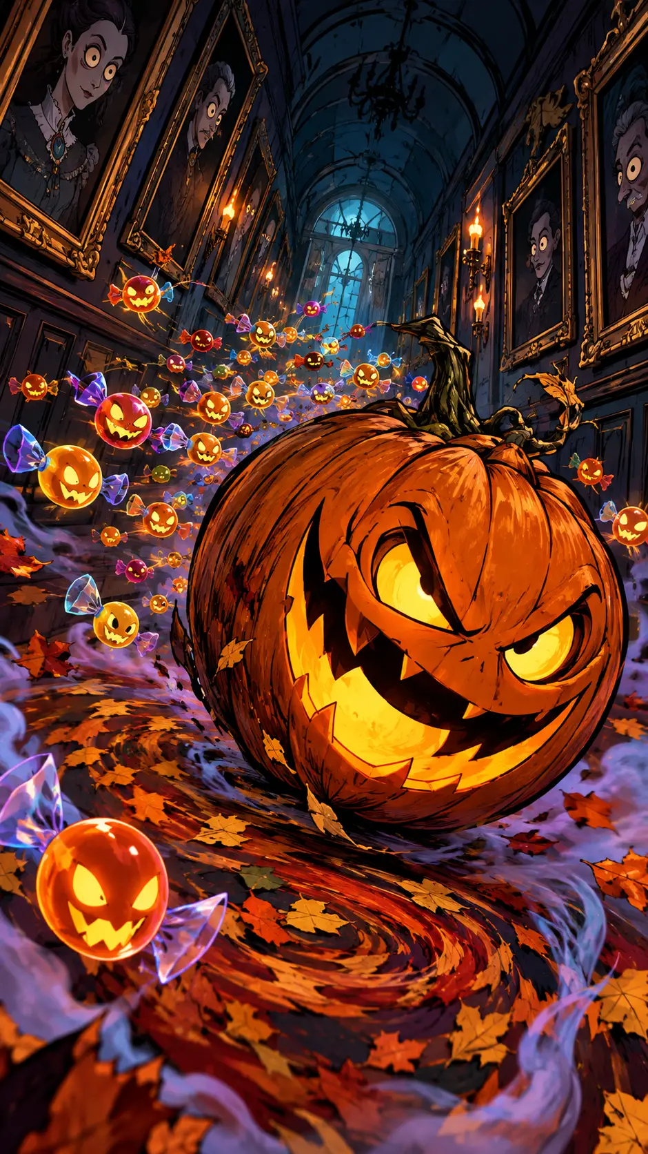 A mischievous jack-o'-lantern rolls through a hallway of watching portraits